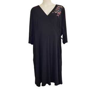 Woman Within 3X 30 32 Black‎ Embroidered Floral V Neck Faux Wrap Modest Coquette